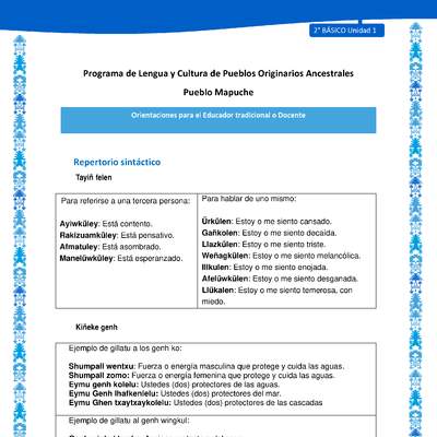 Orientaciones al docente - LC02 - Mapuche - U1 - Repertorio sintáctico