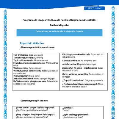 Orientaciones al docente - LC02 - Mapuche - U3 - Repertorio sintáctico