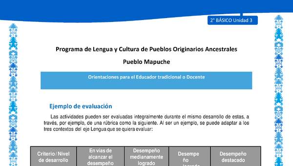 Orientaciones al docente - LC02 - Mapuche - U3 - Ejemplo de evaluación