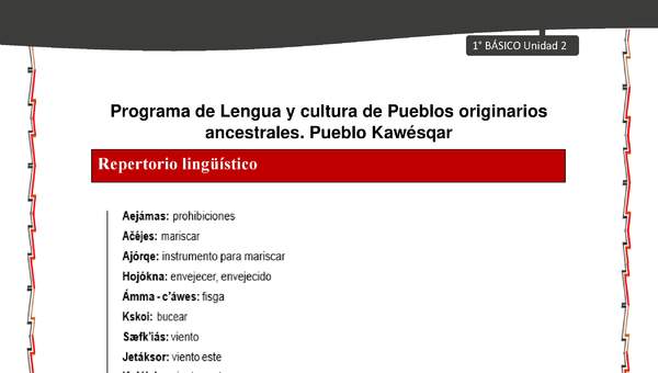 Orientaciones al docente - LC01 - Kawésqar - U2 - Repertorio lingüístico