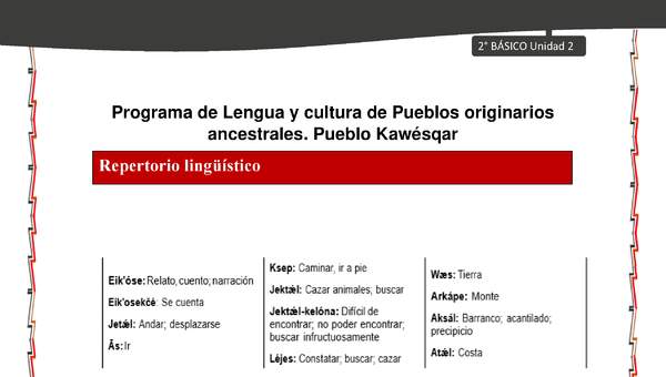 Orientaciones al docente - LC02 - Kawésqar - U2 - Repertorio lingüístico