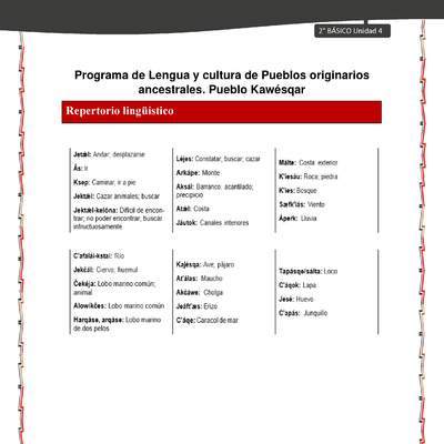 Orientaciones al docente - LC02 - Kawésqar - U4 - Repertorio lingüístico Orientaciones al docente - LC02 - Kawésqar - U4 - Repertorio lingüístico