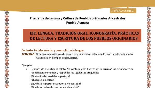 06-Actividad Sugerida LC03 U01-LF01-Ordenan mensajes y o dichos en lengua aymara, relacionados con la vida de la madre naturaleza en tiempos de jallupacha.