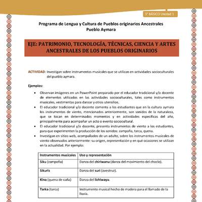 11-Actividad Sugerida LC03 U01-OA16-Investigan sobre instrumentos musicales que se utilizan en actividades socioculturales del pueblo aymara.