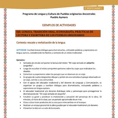 07-Actividad Sugerida LC03-U02-LR02- Escriben breves diálogos para dramatizarlos, utilizando palabras y expresiones en lengua aymara, considerando los hechos y contexto de un relato tradicional.