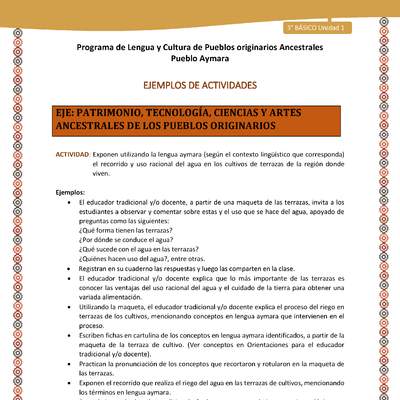 19-Actividad Sugerida LC03-U02-OA13-Exponen utilizando la lengua aymara (según el contexto lingüístico que corresponda) el recorrido y uso racional del agua en los cultivos de terrazas de la región donde viven.