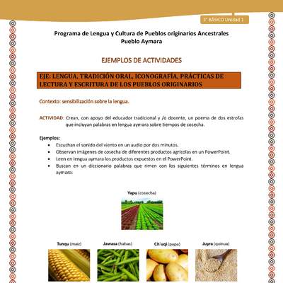 03-Actividad Sugerida LC03-U02-LS02-Crean, con apoyo del educador tradicional y /o docente, un poema de dos estrofas que incluyan palabras en lengua aymara sobre tiempos de cosecha.
