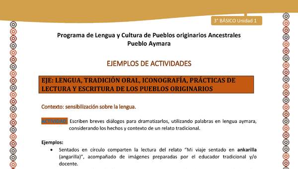 04-Actividad Sugerida LC03-U02-LS02-: Escriben breves diálogos para dramatizarlos, utilizando palabras en lengua aymara, considerando los hechos y contexto de un relato tradicional.