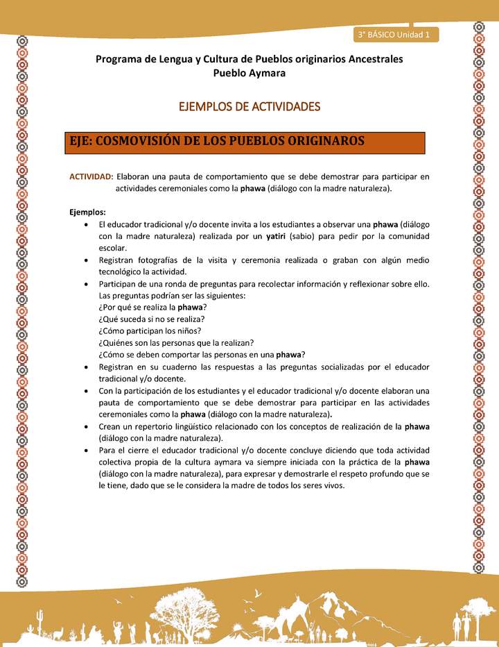 14-Actividad Sugerida LC03-U02-OA11-Elaboran una pauta de comportamiento que se debe demostrar para participar en actividades ceremoniales como la phawa (diálogo con la madre naturaleza).