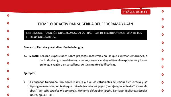 Realizan exposiciones sobre prácticas ancestrales en las que expresan emociones, a partir de diálogos o relatos escuchados, reconociendo y utilizando expresiones y frases en lengua yagán o en castellano, culturalmente significativas