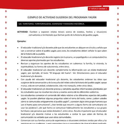 Escriben y exponen relatos breves acerca de eventos, hechos y situaciones comunitarias o territoriales que forman parte de la historia del pueblo yagán