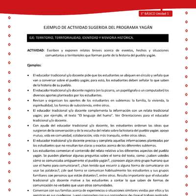 Escriben y exponen relatos breves acerca de eventos, hechos y situaciones comunitarias o territoriales que forman parte de la historia del pueblo yagán