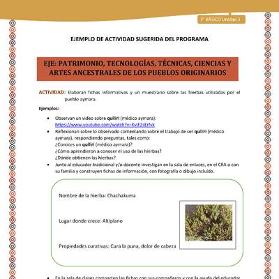 17-Actividad Sugerida LC03-U03-OA15-Elaboran fichas informativas y un muestrario sobre las hierbas utilizadas por el pueblo aymara. 17-Actividad Sugerida LC03-U03-OA15-Elaboran fichas informativas y un muestrario sobre las hierbas utilizadas por el pueblo aymara.