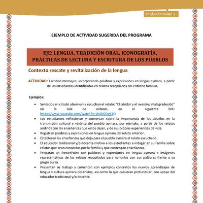 06-Actividad Sugerida LC03-U03-LR03;LR05-Escriben mensajes, incorporando palabras y expresiones en lengua aymara, a partir de las enseñanzas identificadas en relatos recopilados del entorno familiar.