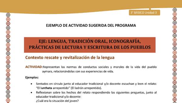 07-Actividad Sugerida LC03-U03-LR03;LR05-Representan las normas de conductas sociales y morales de la vida del pueblo aymara, relacionándolas con sus experiencias de vida.