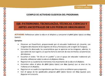 16-Actividad Sugerida LC03-U03-OA15-Reflexionan sobre la vida en el altiplano y comparten el phiri (plato típico) con kisu (queso).