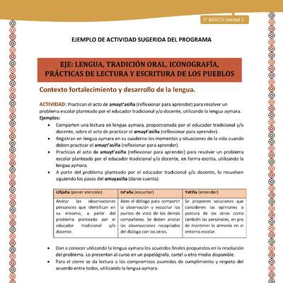 08-Actividad Sugerida LC03-U03-LF03;LF05-Practican el acto de amuyt’asiña (reflexionar para aprender) para resolver un problema escolar planteado por el educador tradicional y/o docente, utilizando la lengua aymara.