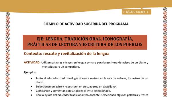 06-Actividad Sugerida LC03-U03 -AYM-LR04-Utilizan palabras y frases en lengua aymara para la escritura de avisos de un diario y mensajes para un compañero.