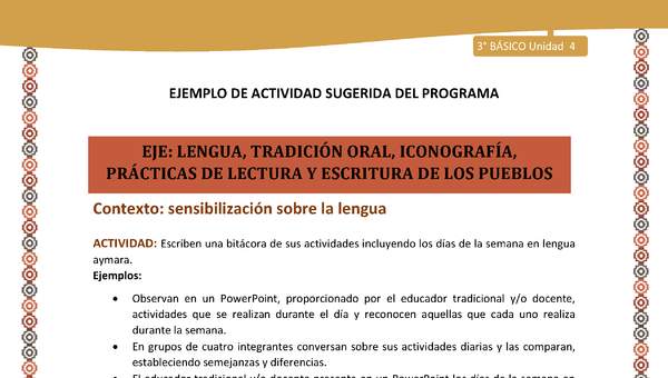 02-Actividad Sugerida LC03-U03 -AYM-LS04- Escriben una bitácora de sus actividades incluyendo los días de la semana en lengua aymara