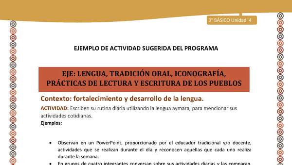 08-Actividad Sugerida LC03-U03 -AYM-LF04-Escriben su rutina diaria utilizando la lengua aymara, para mencionar sus actividades cotidianas.