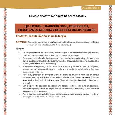 04-Actividad Sugerida LC03-U03-LS04-Comunican un mensaje a través de una carta, utilizando algunas palabras en lengua aymara y practicando el arurapita (lleva mi mensaje).