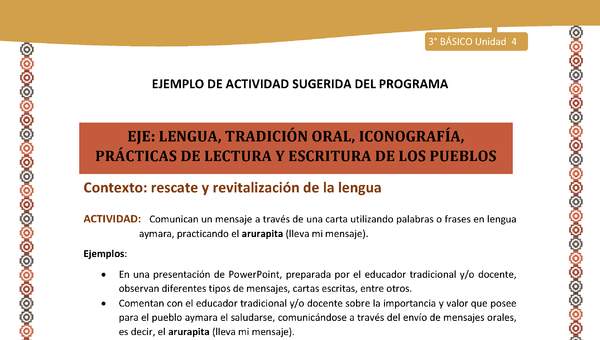 07-Actividad Sugerida LC03-U03 -AYM-LR04-Comunican un mensaje a través de una carta utilizando palabras o frases en lengua aymara, practicando el arurapita (lleva mi mensaje).