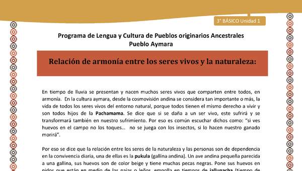 08-Orientaciones al docente - LC03 - Aymara - U01 -Relación de armonía entre los seres vivos y la naturaleza