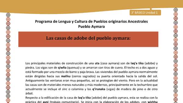 10-Orientaciones al docente - LC03 - Aymara - U01 -Las casas de adobe del pueblo aymara