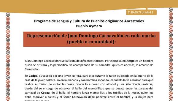 04-Orientaciones al docente - LC03 - Aymara - U01 -Representación de Juan Domingo Carnavalón en cada marka (pueblo o comunidad)