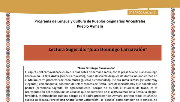 03-Orientaciones al docente - LC03 - Aymara - U01 -Lectura Sugerida: “Juan Domingo Carnavalón”