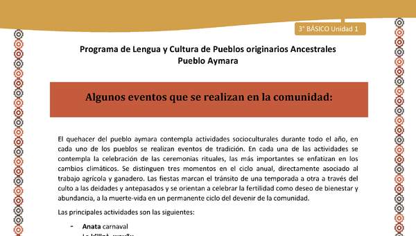 11-Orientaciones al docente - LC03 - Aymara - U01 -Algunos eventos que se realizan en la comunidad