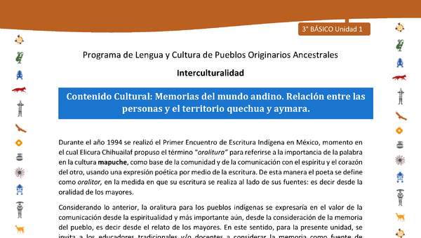 Contenido Cultural: Memorias del mundo andino. Relación entre las personas y el territorio quechua y aymara