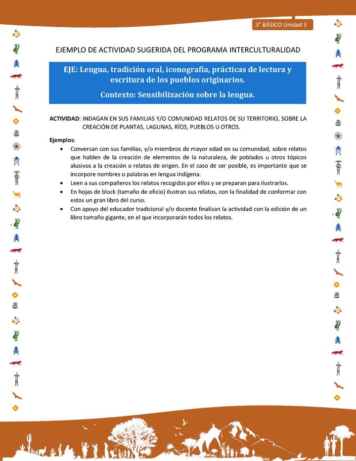 Indagan en sus familias y/o comunidad relatos de su territorio, sobre la creación de plantas, lagunas, ríos, pueblos u otros