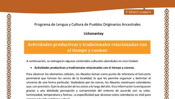 Actividades productivas y tradicionales relacionadas con el tiempo y cosmos