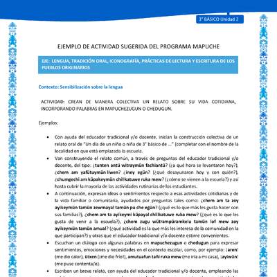 Crean de manera colectiva un relato sobre su vida cotidiana, incorporando palabras en mapuchezugun o chedugun Crean de manera colectiva un relato sobre su vida cotidiana, incorporando palabras en mapuchezugun o chedugun