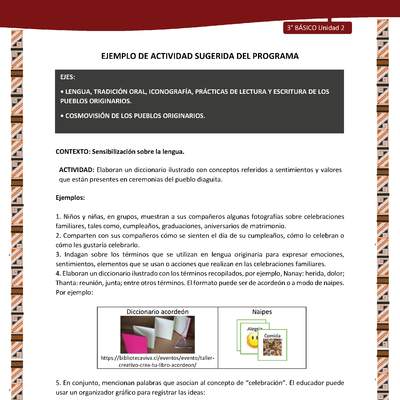 01-Actividad Sugerida LC03 DIA-U02-LS02;OA11-Elaboran un diccionario ilustrado con conceptos referidos a sentimientos y valores que están presentes en ceremonias del pueblo diaguita.