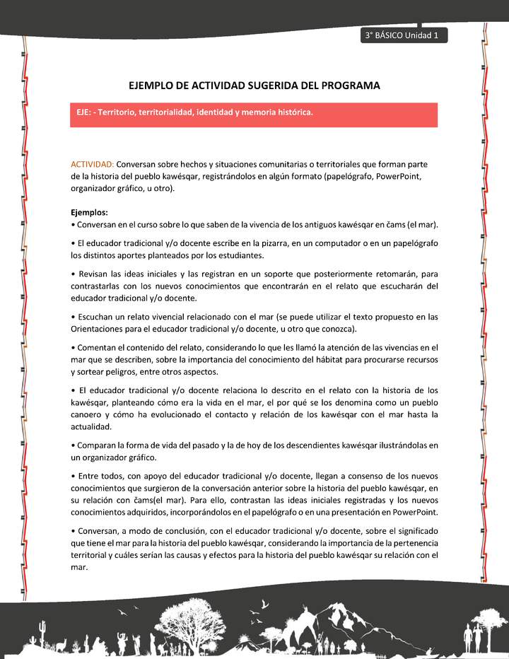 04-Actividad sugerida: LC03-KAW-U01-OA07- Conversan sobre hechos y situaciones comunitarias o territoriales que forman parte de la historia del pueblo kawésqar, registrándolos en algún formato (papelógrafo, PowerPoint, organizador gráfico, u otro).