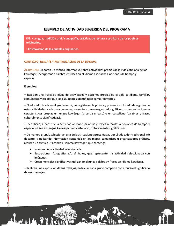 04-Actividad sugerida: LC03-KAW-U04-LR04;OA09-Elaboran un tríptico informativo sobre actividades propias de la vida cotidiana de los kawésqar, incorporando palabras y frases en el idioma asociadas a nociones de tiempo y espacio.