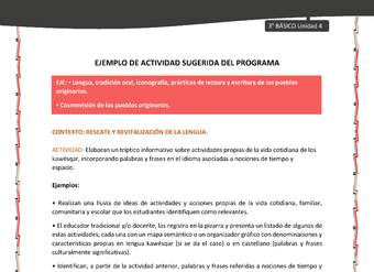 04-Actividad sugerida: LC03-KAW-U04-LR04;OA09-Elaboran un tríptico informativo sobre actividades propias de la vida cotidiana de los kawésqar, incorporando palabras y frases en el idioma asociadas a nociones de tiempo y espacio.