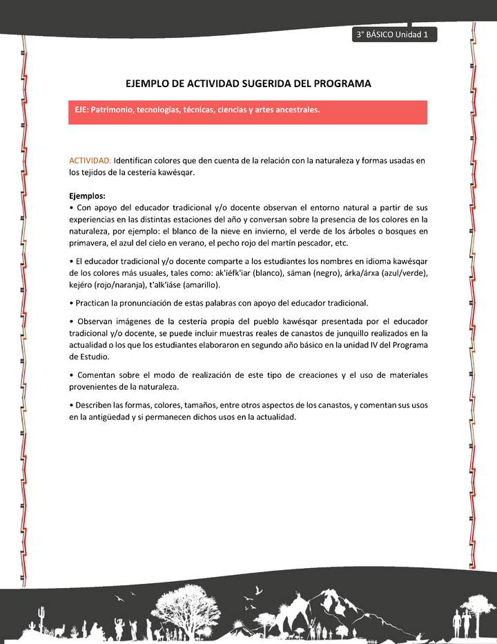 06-Actividad sugerida: LC03-KAW-U01-OA16-Identifican colores que den cuenta de la relación con la naturaleza y formas usadas en los tejidos de la cestería kawésqar