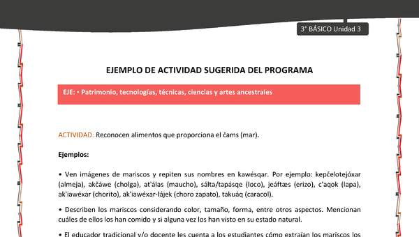 07-Actividad sugerida: LC03-KAW-U03-OA15-Reconocen alimentos que proporciona el čams (mar).