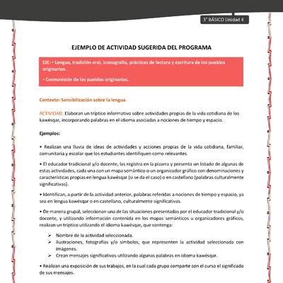 02-Actividad sugerida: LC03-KAW-U04-LS04;OA09-Elaboran un tríptico informativo sobre actividades propias de la vida cotidiana de los kawésqar, incorporando palabras en el idioma asociadas a nociones de tiempo y espacio.