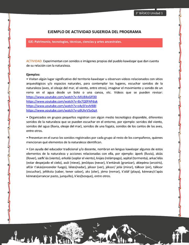 05-Actividad sugerida: LC03-KAW-U01-OA16-Experimentan con sonidos e imágenes propias del pueblo kawésqar que dan cuenta de su relación con la naturaleza.