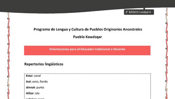 01-Orientaciones al docente - LC03 - Kawésqar - U4 - Repertorios lingüísticos