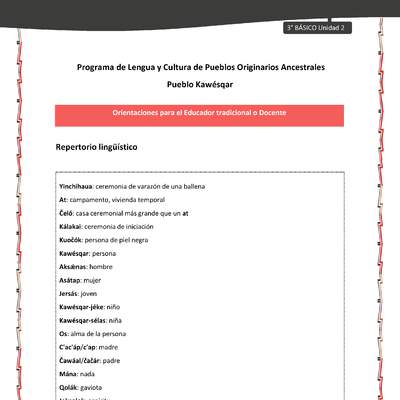 01-Orientaciones al docente - LC03 - Kawésqar - U2 - Repertorio lingüístico