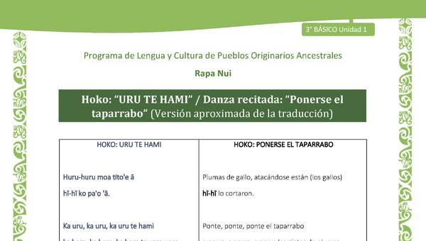 Hoko: “URU TE HAMI” / Danza recitada: “Ponerse el taparrabo” (Versión aproximada de la traducción)