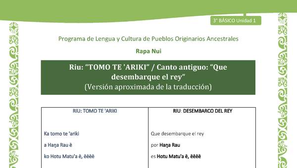 Riu: “TOMO TE 'ARIKI” / Canto antiguo: “Que desembarque el rey”(Versión aproximada de la traducción)