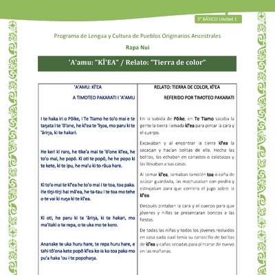 'A'amu: “KĪ'EA” / Relato: “Tierra de color”
