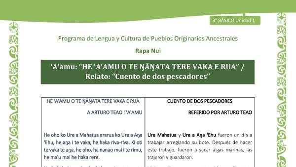 'A'amu: “HE 'A'AMU O TE ŊĀŊATA TERE VAKA E RUA” / Relato: “Cuento de dos pescadores”