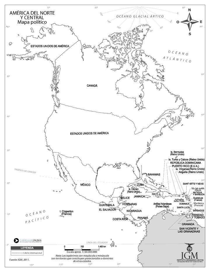 Mapa político de América del Norte y Central